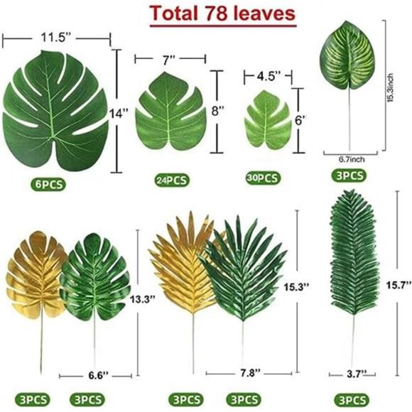 78Pieces 9Kinds Artificial Tropical Leaf Jungle Leaves Golden Plant SafariLeaves - Picture 7 of 7